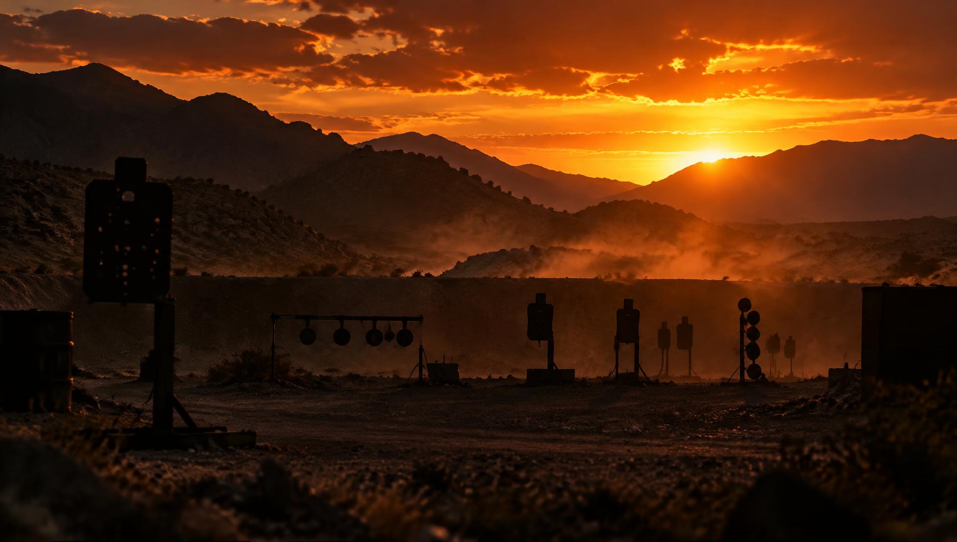 Desert shooting range at sunset in the Coachella Valley